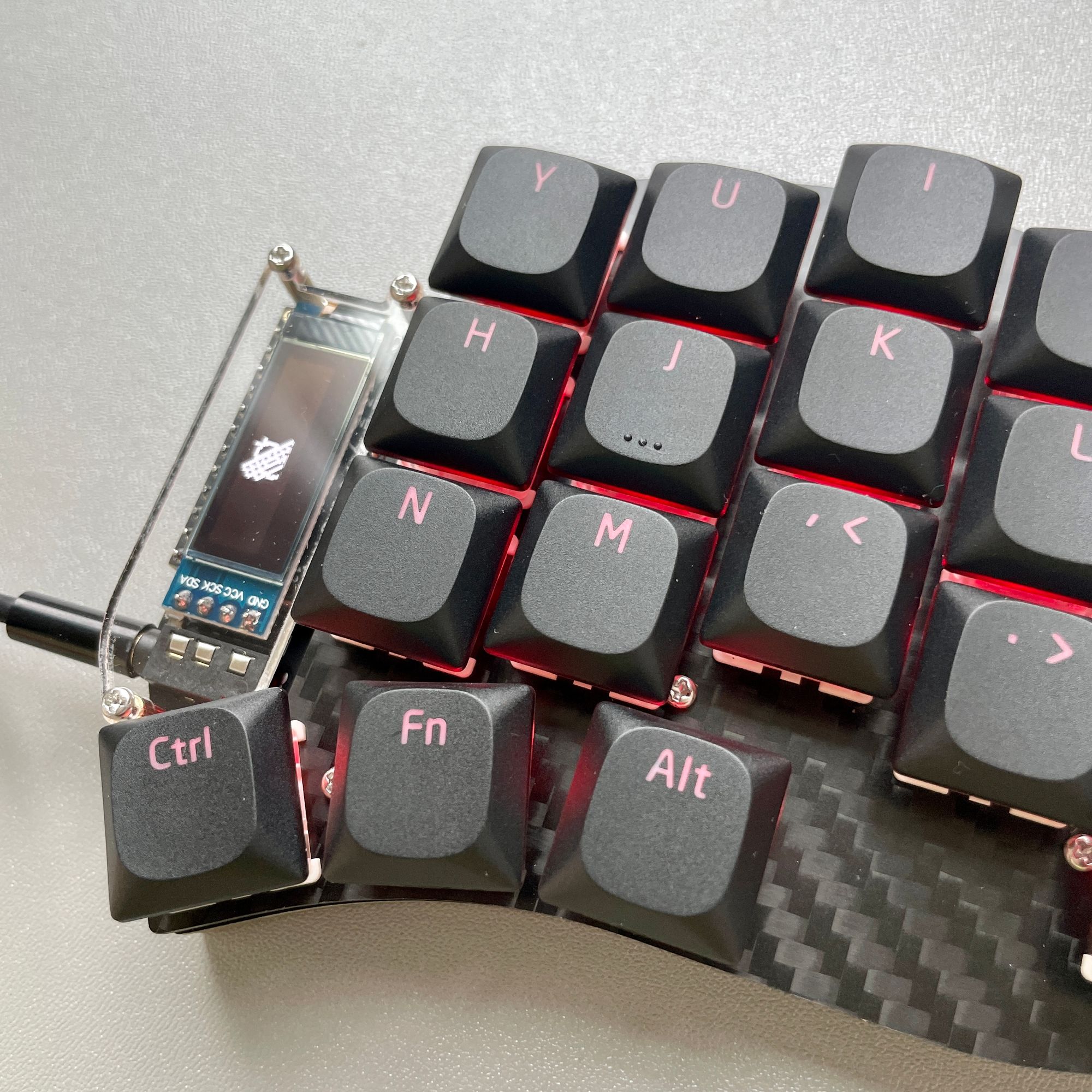Keycaps on Swoop Keyboard with RGB LEDs and OLED display